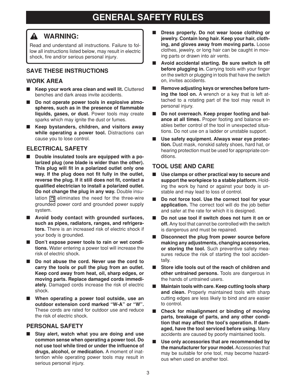 General safety rules, Warning | Ryobi D550H User Manual | Page 3 / 16