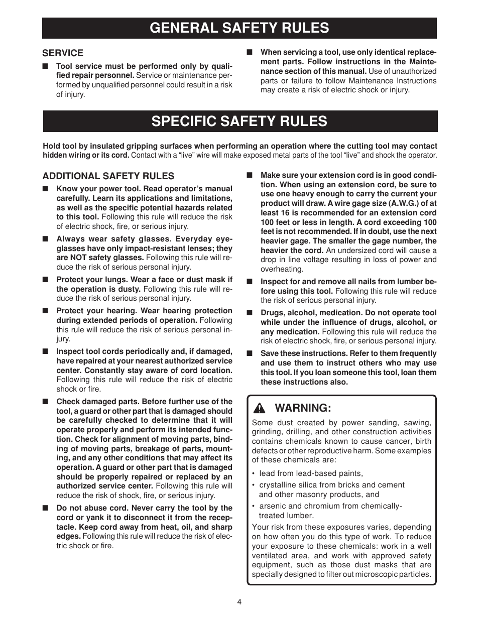 Specific safety rules, General safety rules, Warning | Ryobi D550H User Manual | Page 4 / 16