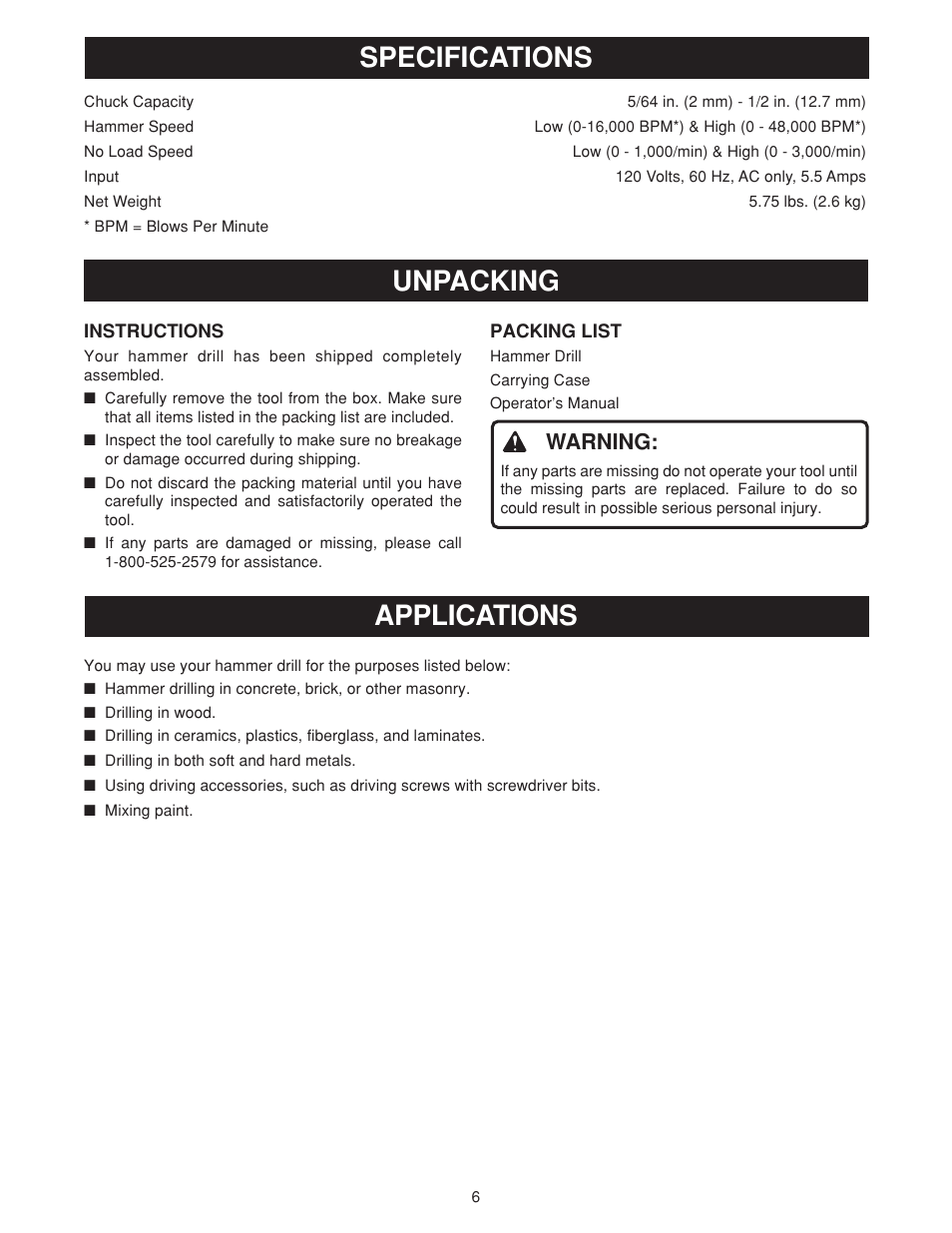 Specifications unpacking, Applications, Warning | Ryobi D550H User Manual | Page 6 / 16