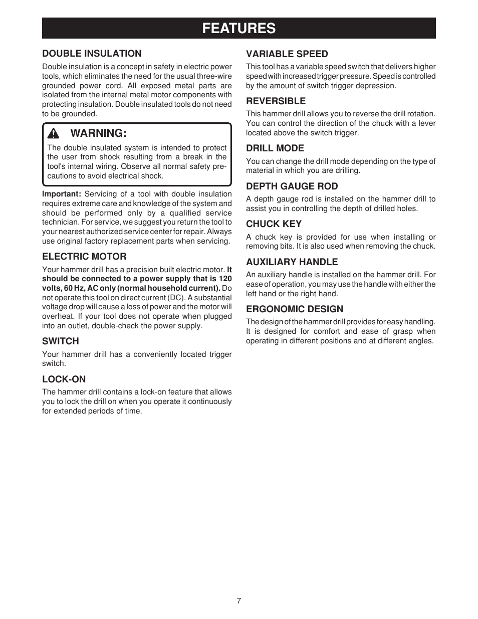 Features, Warning | Ryobi D550H User Manual | Page 7 / 16