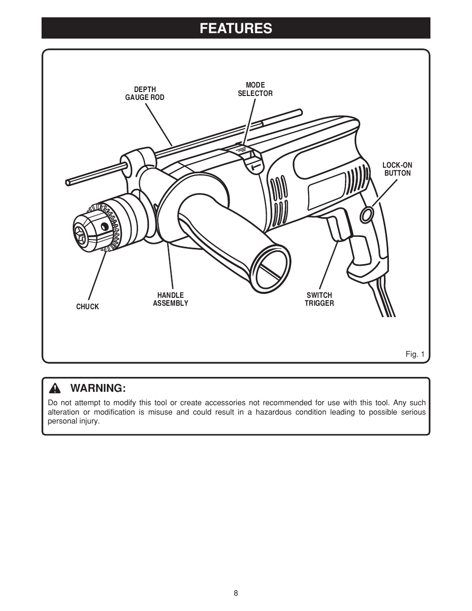 Features, Warning | Ryobi D550H User Manual | Page 8 / 16