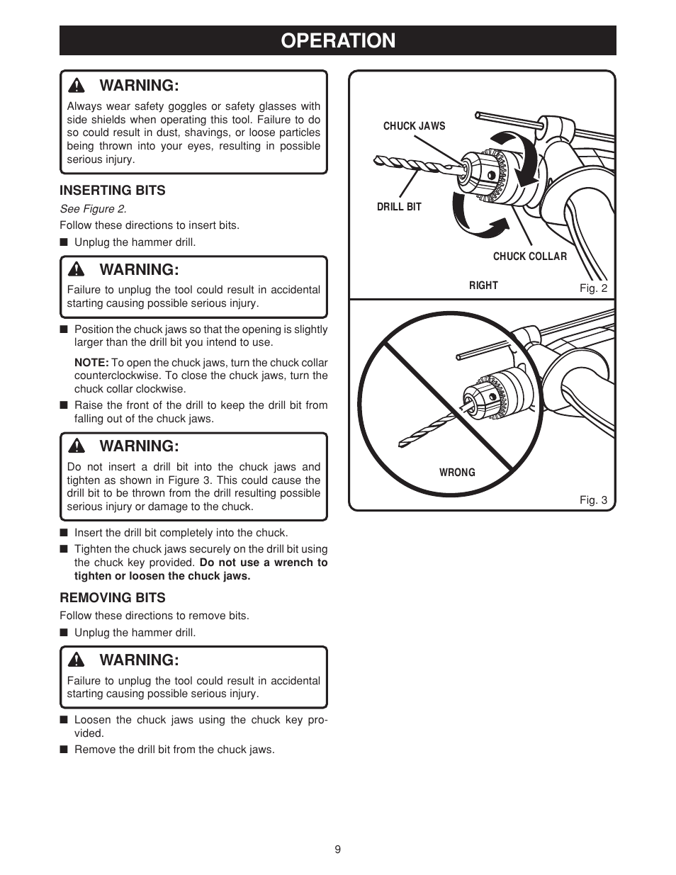 Operation, Warning | Ryobi D550H User Manual | Page 9 / 16