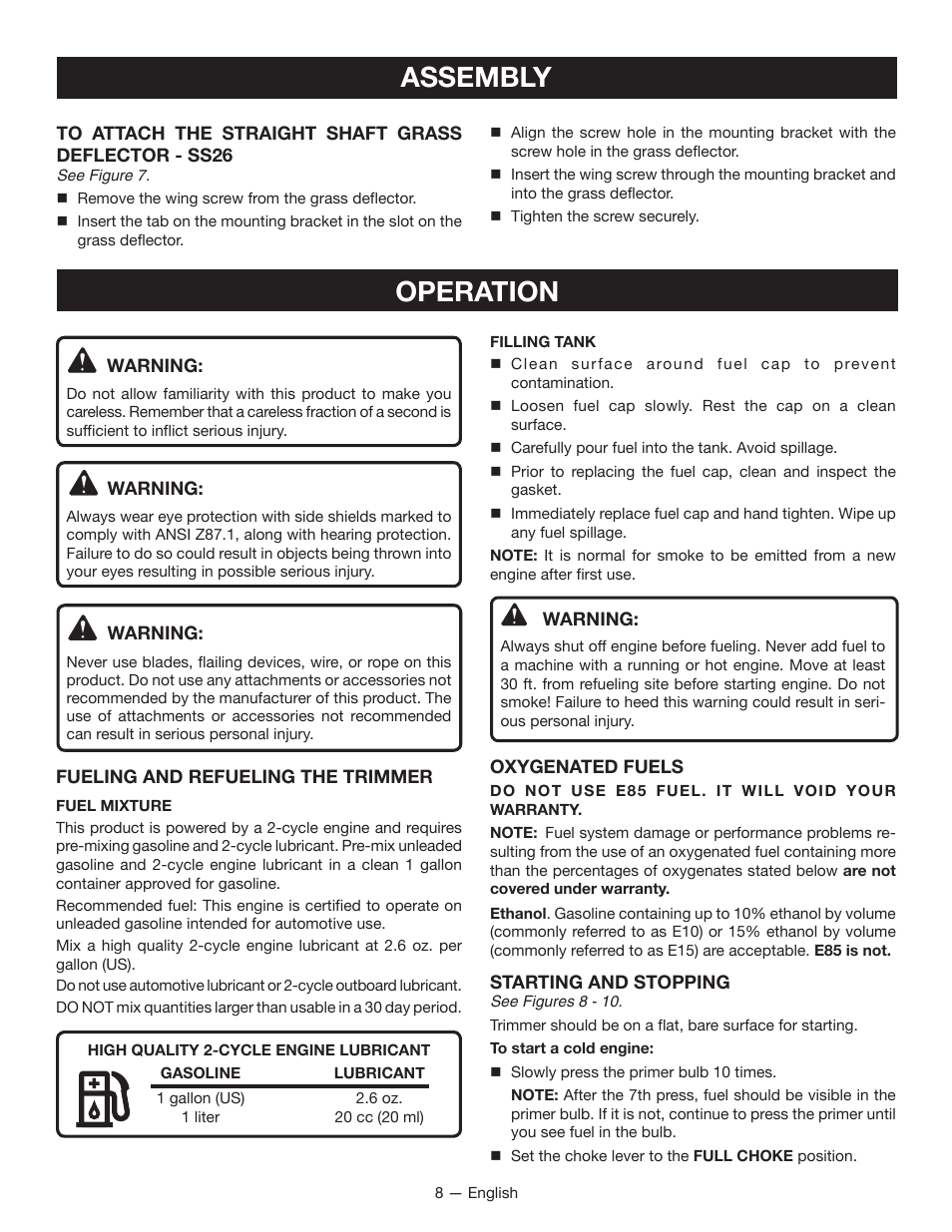 Assembly, Operation | Ryobi CS26 RY28020 User Manual | Page 12 / 48