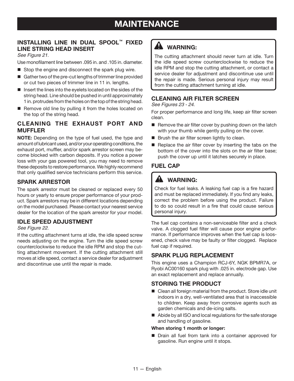 Maintenance | Ryobi CS26 RY28020 User Manual | Page 15 / 48