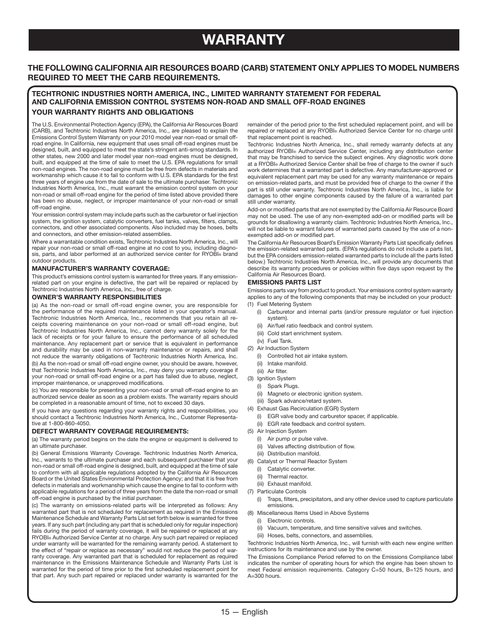 Warranty, 15 — english | Ryobi CS26 RY28020 User Manual | Page 19 / 48