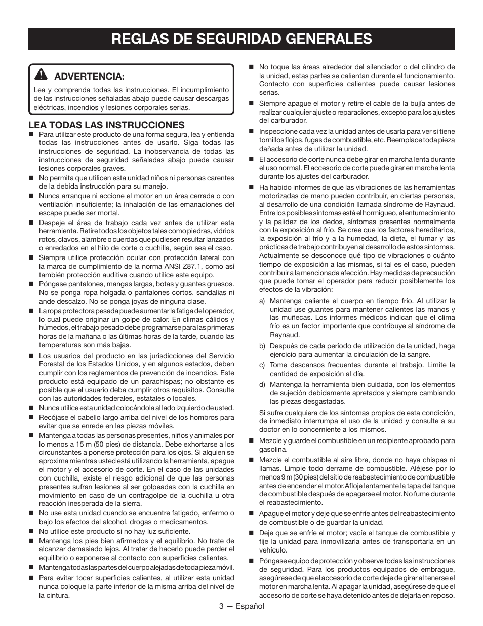 Reglas de seguridad generales, Advertencia, Lea todas las instrucciones | Ryobi CS26 RY28020 User Manual | Page 35 / 48