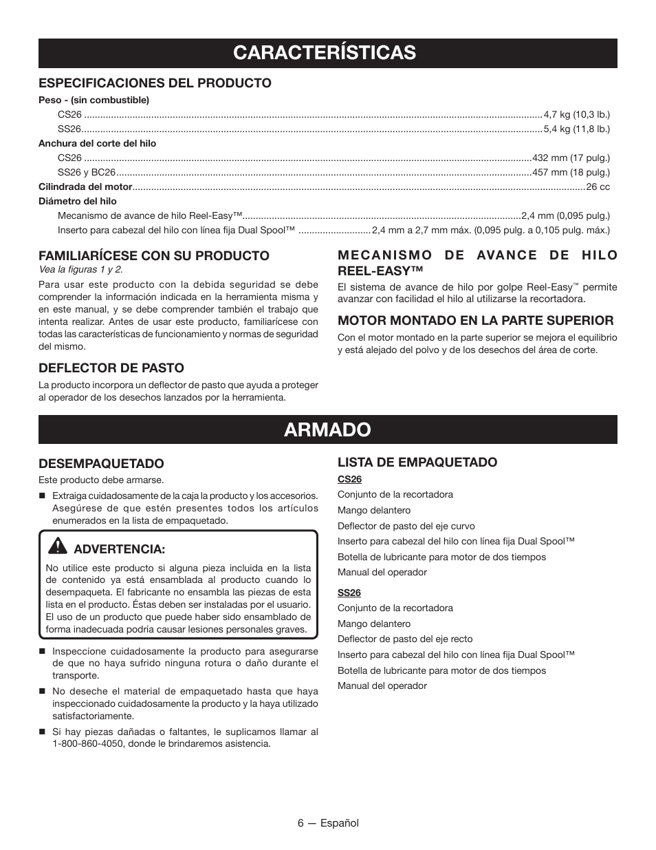 Características, Armado | Ryobi CS26 RY28020 User Manual | Page 38 / 48