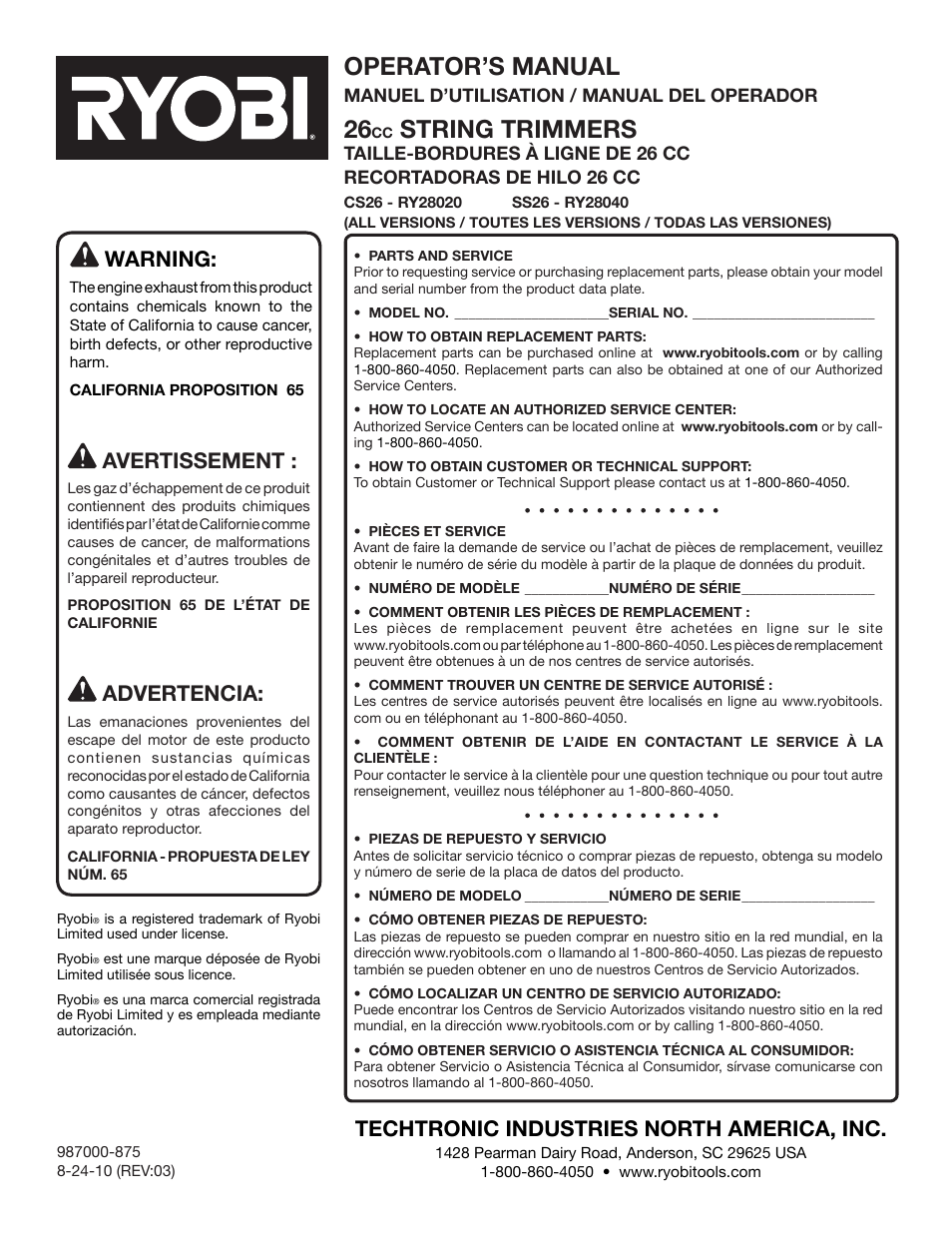 Operator’s manual, String trimmers, Warning | Techtronic industries north america, inc, Avertissement, Advertencia | Ryobi CS26 RY28020 User Manual | Page 48 / 48