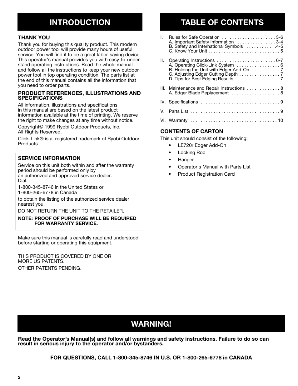 Introduction table of contents, Warning | Ryobi LE720r User Manual | Page 2 / 10