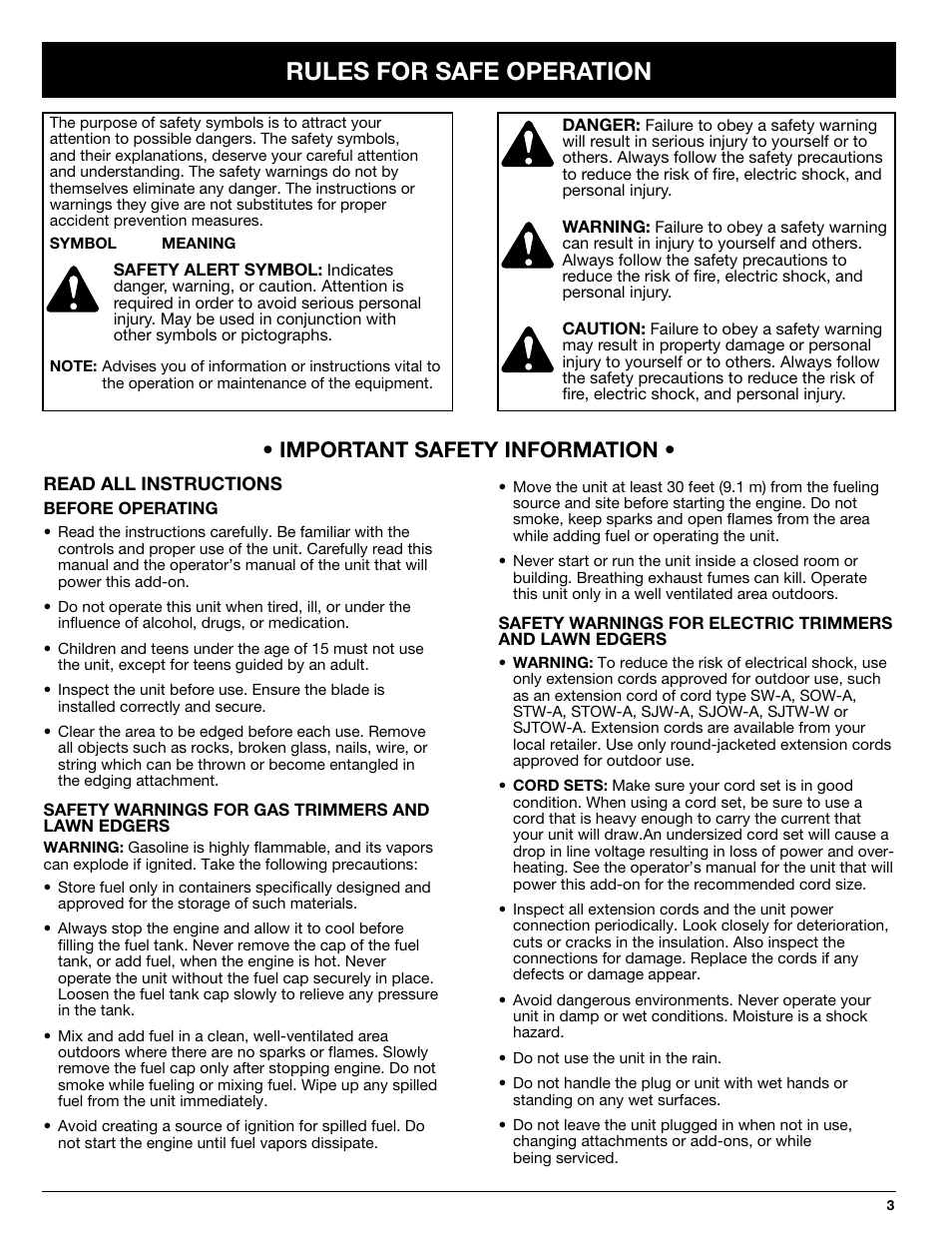 Rules for safe operation, Important safety information | Ryobi LE720r User Manual | Page 3 / 10