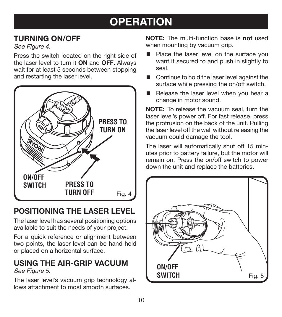 Operation, Turning on/off, Positioning the laser level | Using the air-grip vacuum | Ryobi ELL0001 User Manual | Page 10 / 18