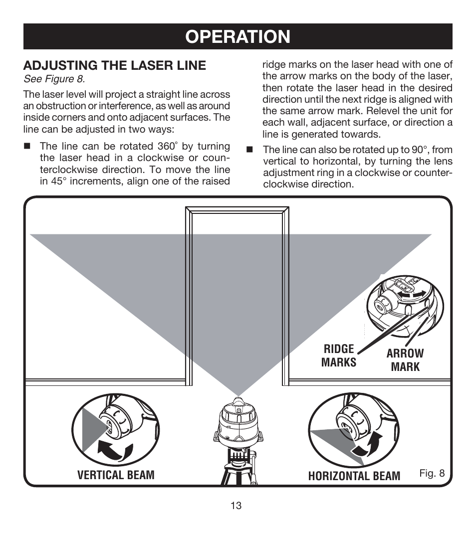 Operation, Adjusting the laser line | Ryobi ELL0001 User Manual | Page 13 / 18