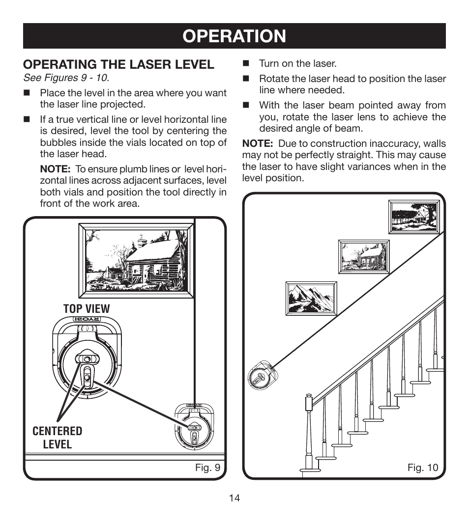 Operation, Operating the laser level | Ryobi ELL0001 User Manual | Page 14 / 18