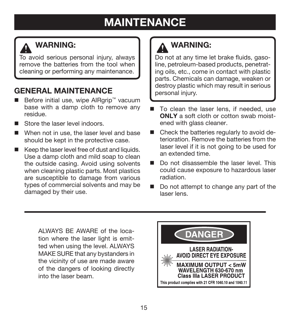 Maintenance, Warning, General maintenance | Ryobi ELL0001 User Manual | Page 15 / 18