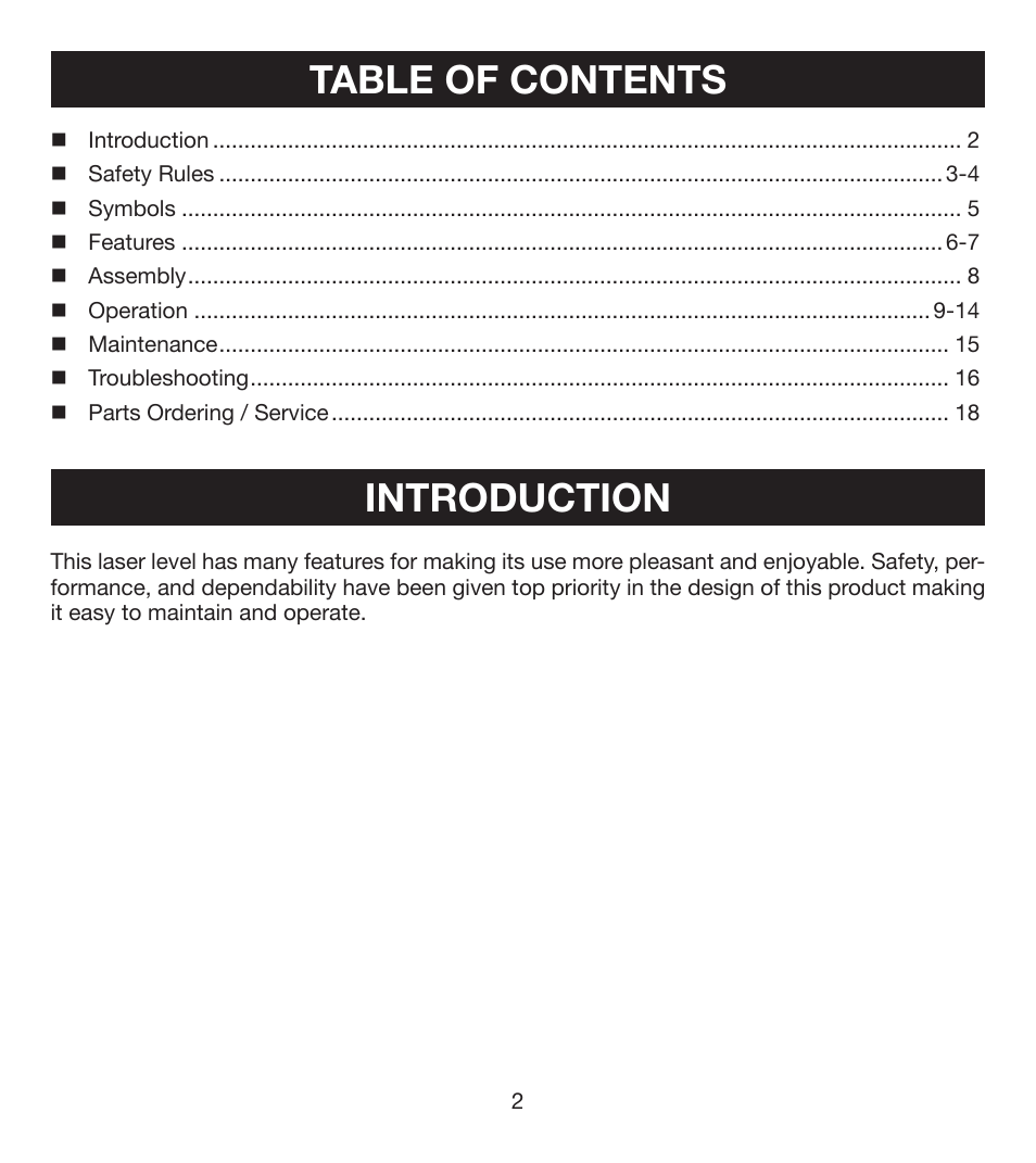 Table of contents introduction | Ryobi ELL0001 User Manual | Page 2 / 18