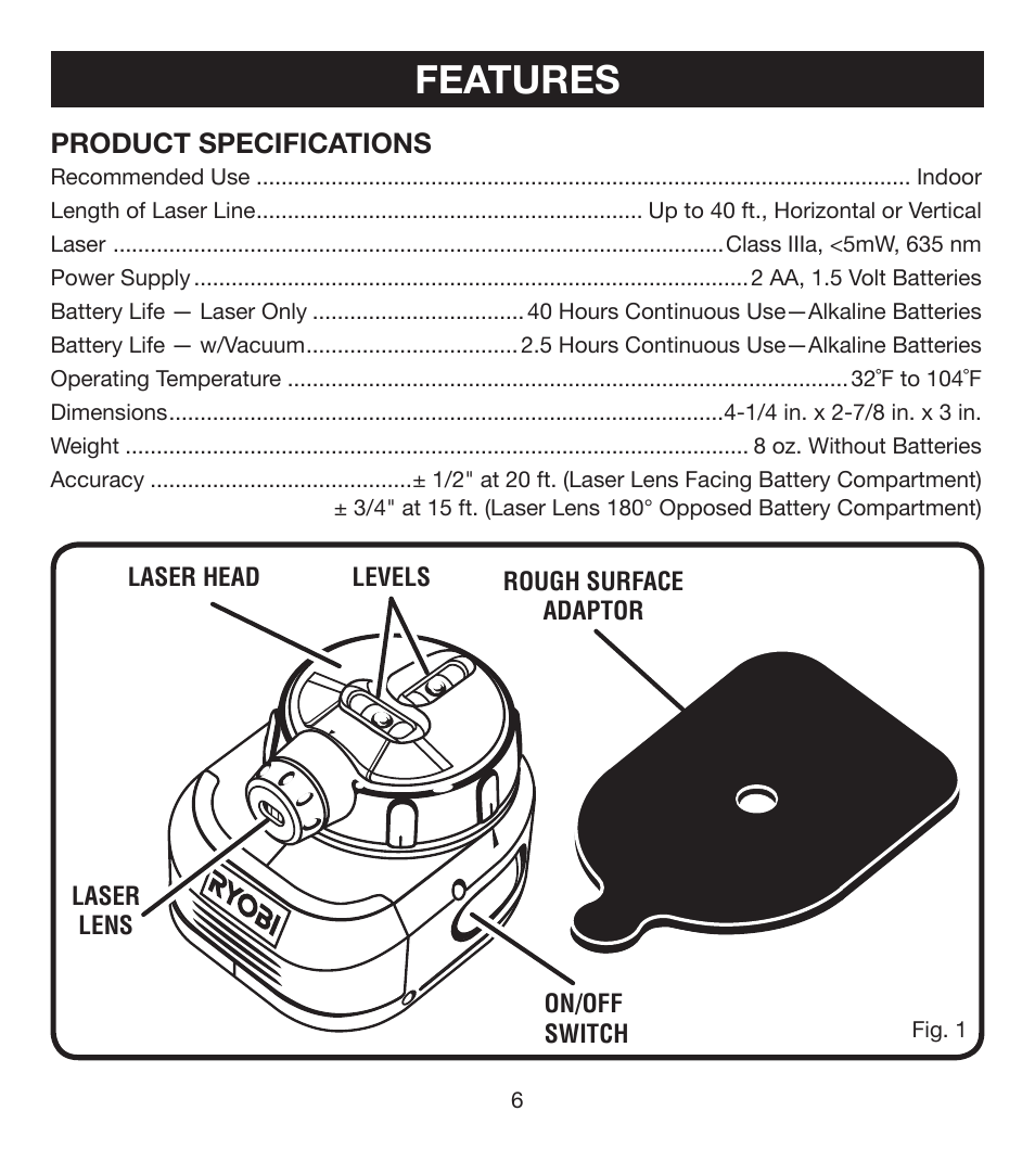 Features | Ryobi ELL0001 User Manual | Page 6 / 18