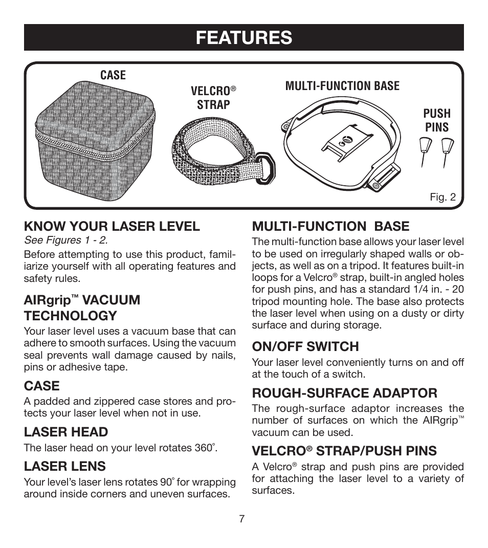 Features, Know your laser level, Airgrip | Vacuum technology, Case, Laser head, Laser lens, Multi-function base, On/off switch, Rough-surface adaptor | Ryobi ELL0001 User Manual | Page 7 / 18