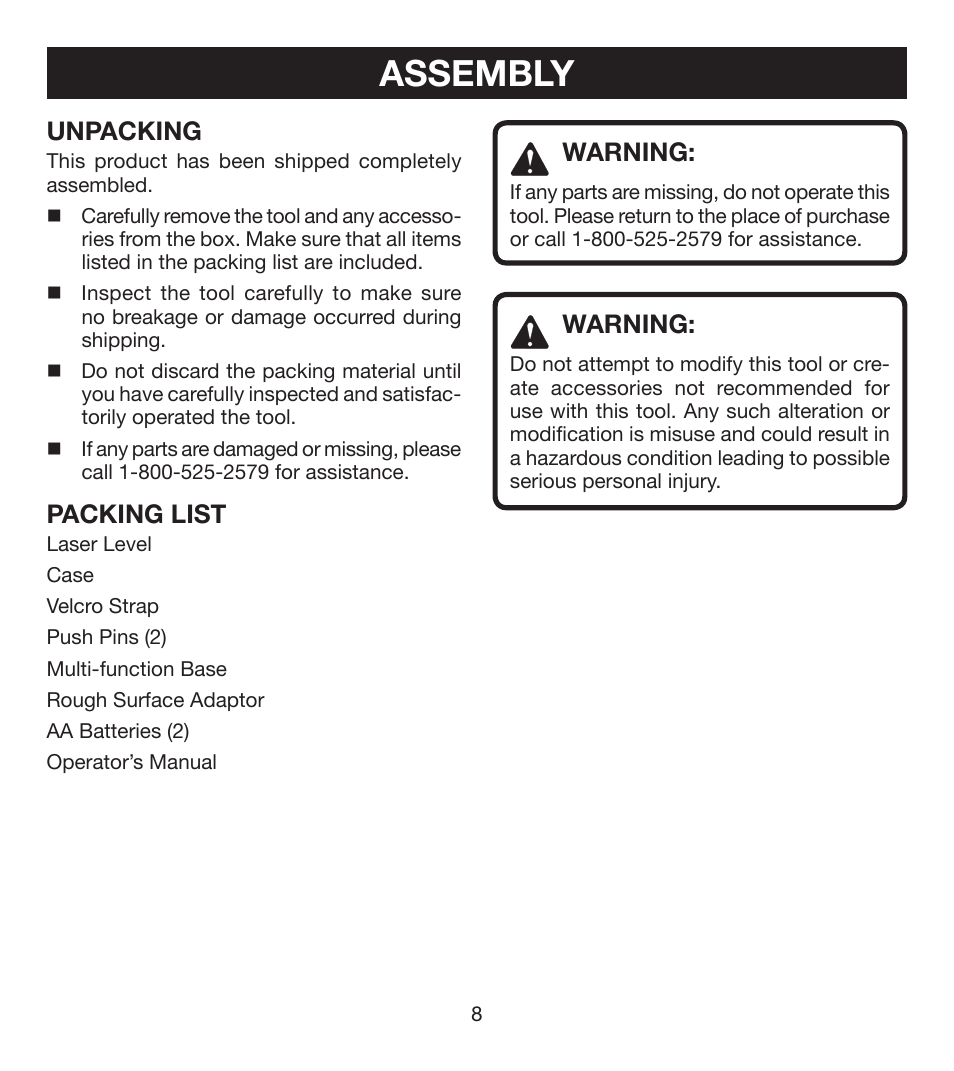 Assembly, Unpacking, Packing list | Warning | Ryobi ELL0001 User Manual | Page 8 / 18