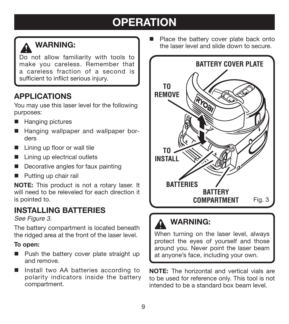 Operation, Warning, Applications | Installing batteries | Ryobi ELL0001 User Manual | Page 9 / 18