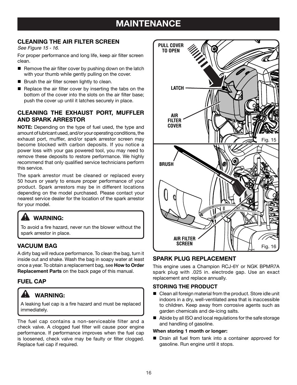 Maintenance | Ryobi RY08554 User Manual | Page 16 / 22