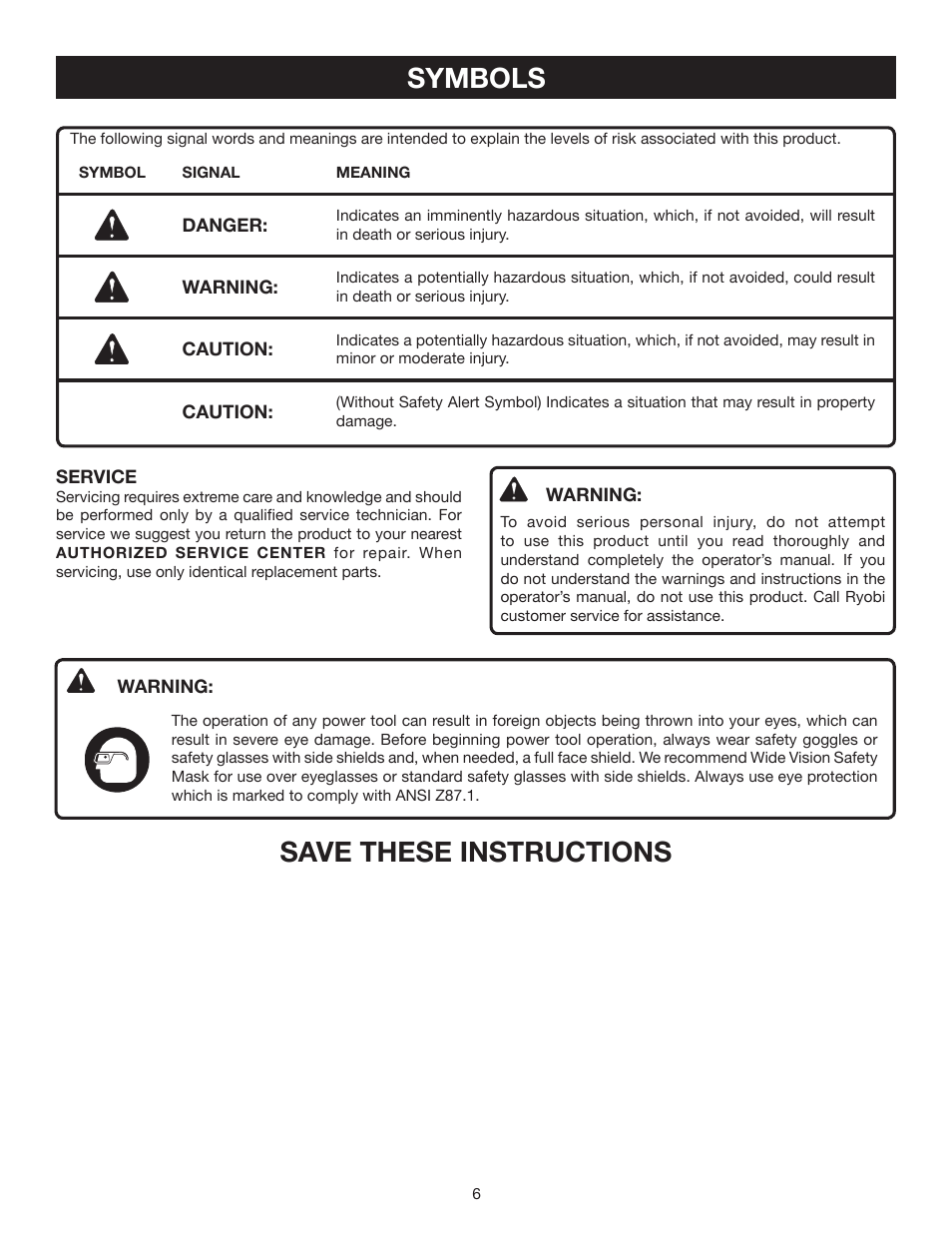 Symbols, Save these instructions | Ryobi RY08554 User Manual | Page 6 / 22