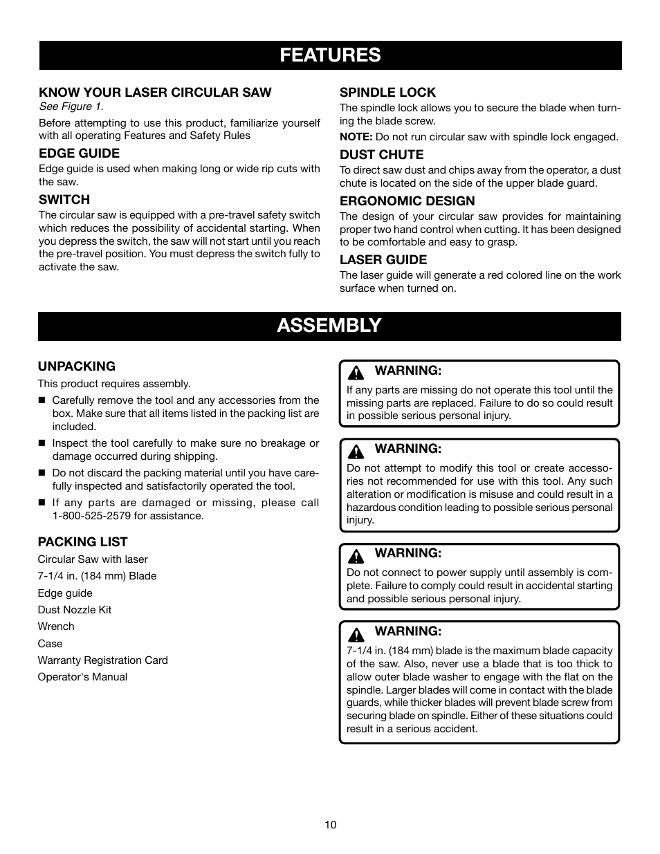 Features, Assembly | Ryobi csb140lz User Manual | Page 10 / 24