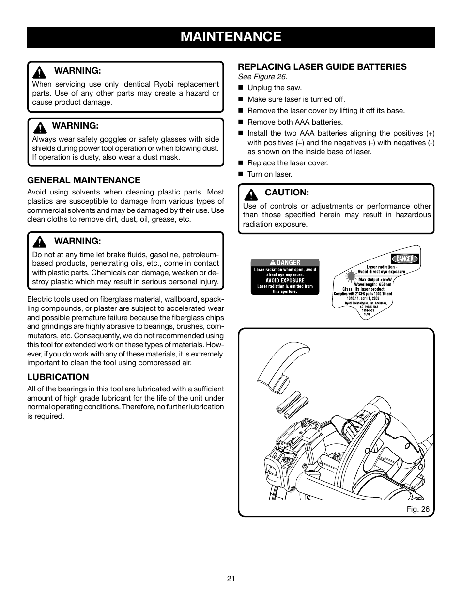 Maintenance | Ryobi csb140lz User Manual | Page 21 / 24