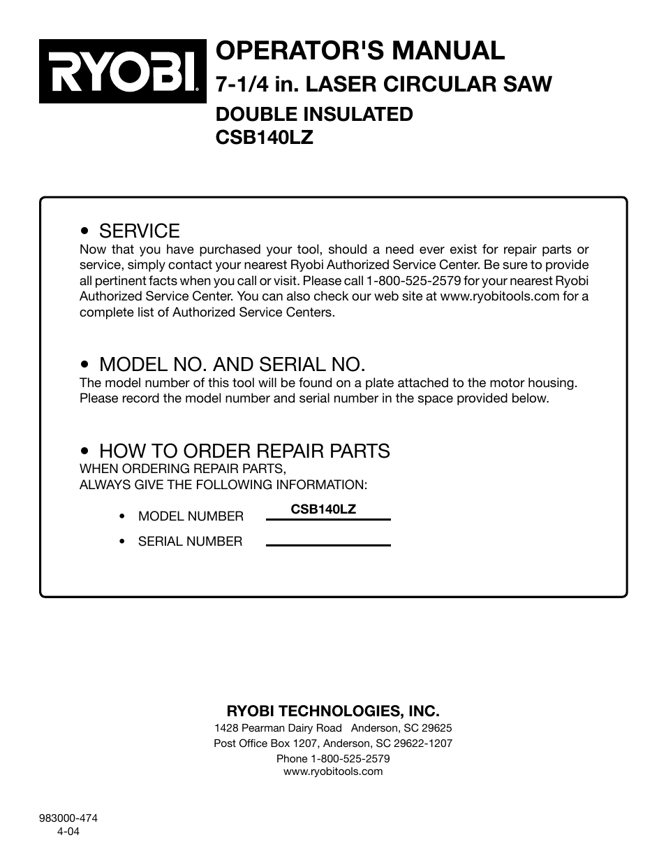 Operator's manual, 1/4 in. laser circular saw, Service | Model no. and serial no, How to order repair parts, Double insulated csb140lz | Ryobi csb140lz User Manual | Page 24 / 24