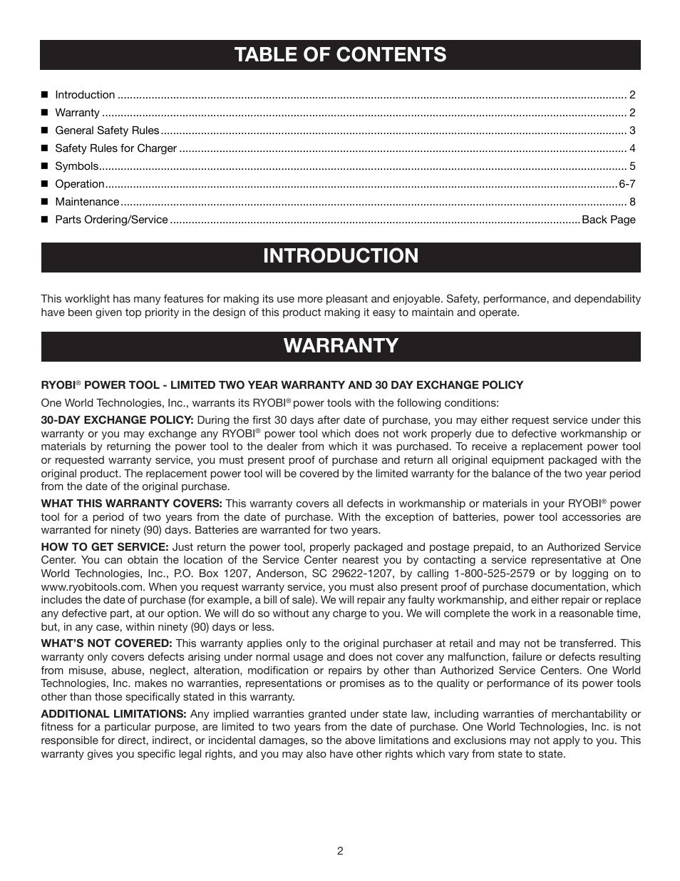 Table of contents introduction, Warranty | Ryobi FL1400 User Manual | Page 2 / 8