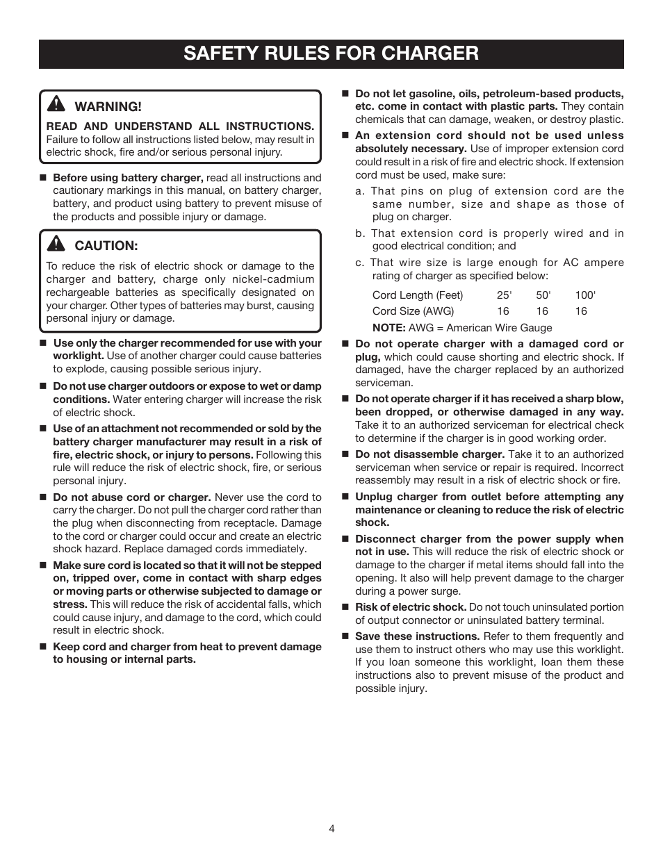 Safety rules for charger | Ryobi FL1400 User Manual | Page 4 / 8