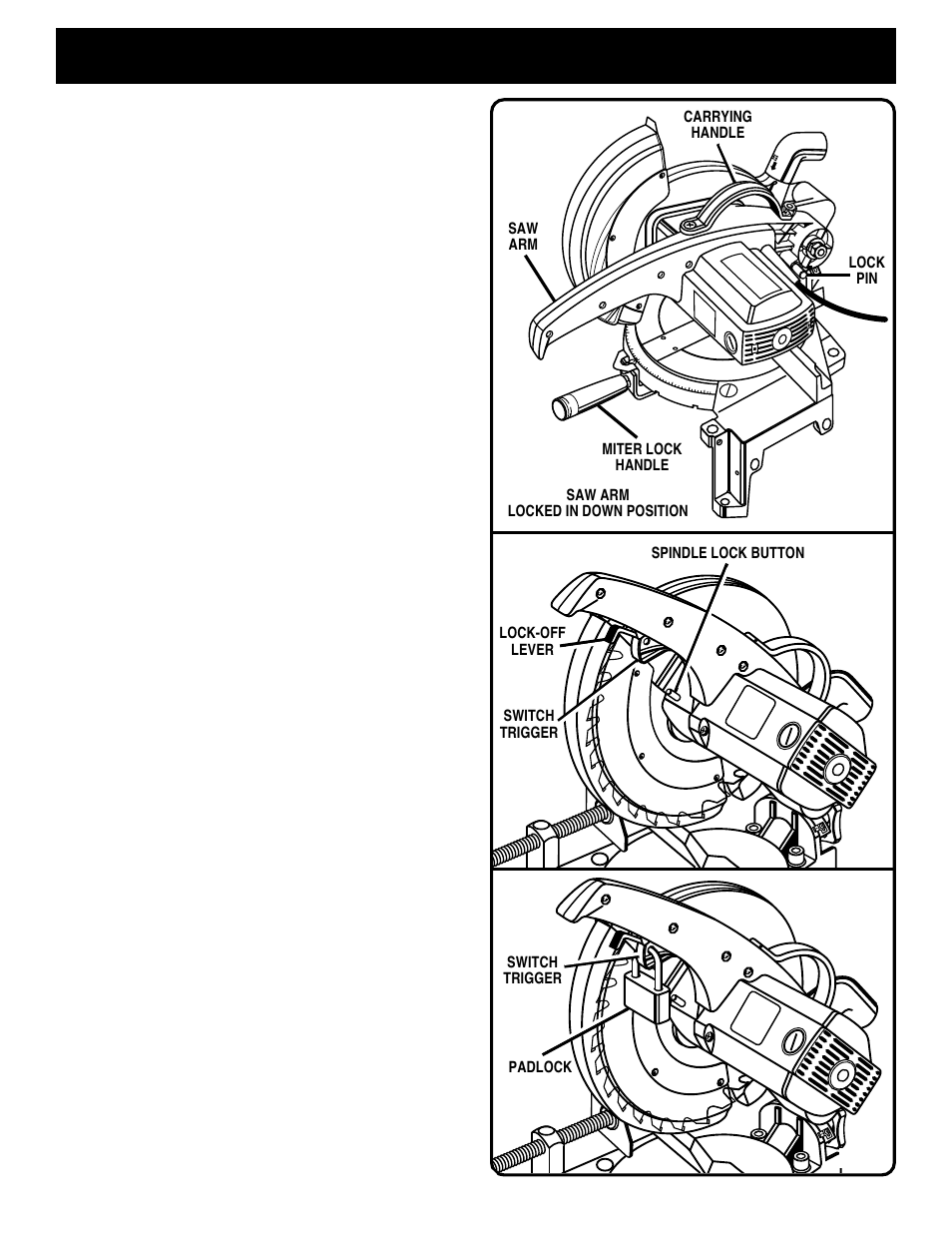 Features, Carrying handle, Miter lock handle | Lock-off lever, Spindle lock button, Trigger lock, Positive stops on miter table, Bevel lock knob, Electric brake, Fence | Ryobi TS230 User Manual | Page 10 / 28
