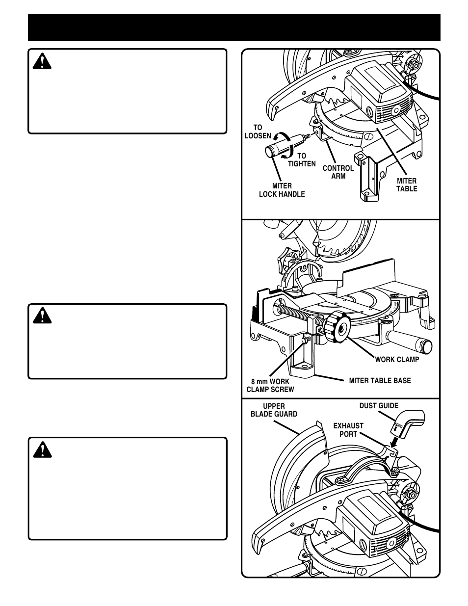 Assembly, Warning, Miter lock handle | Work clamp, Dust guide, Page 12, Fig. 7 fig. 8 fig. 9 | Ryobi TS230 User Manual | Page 12 / 28