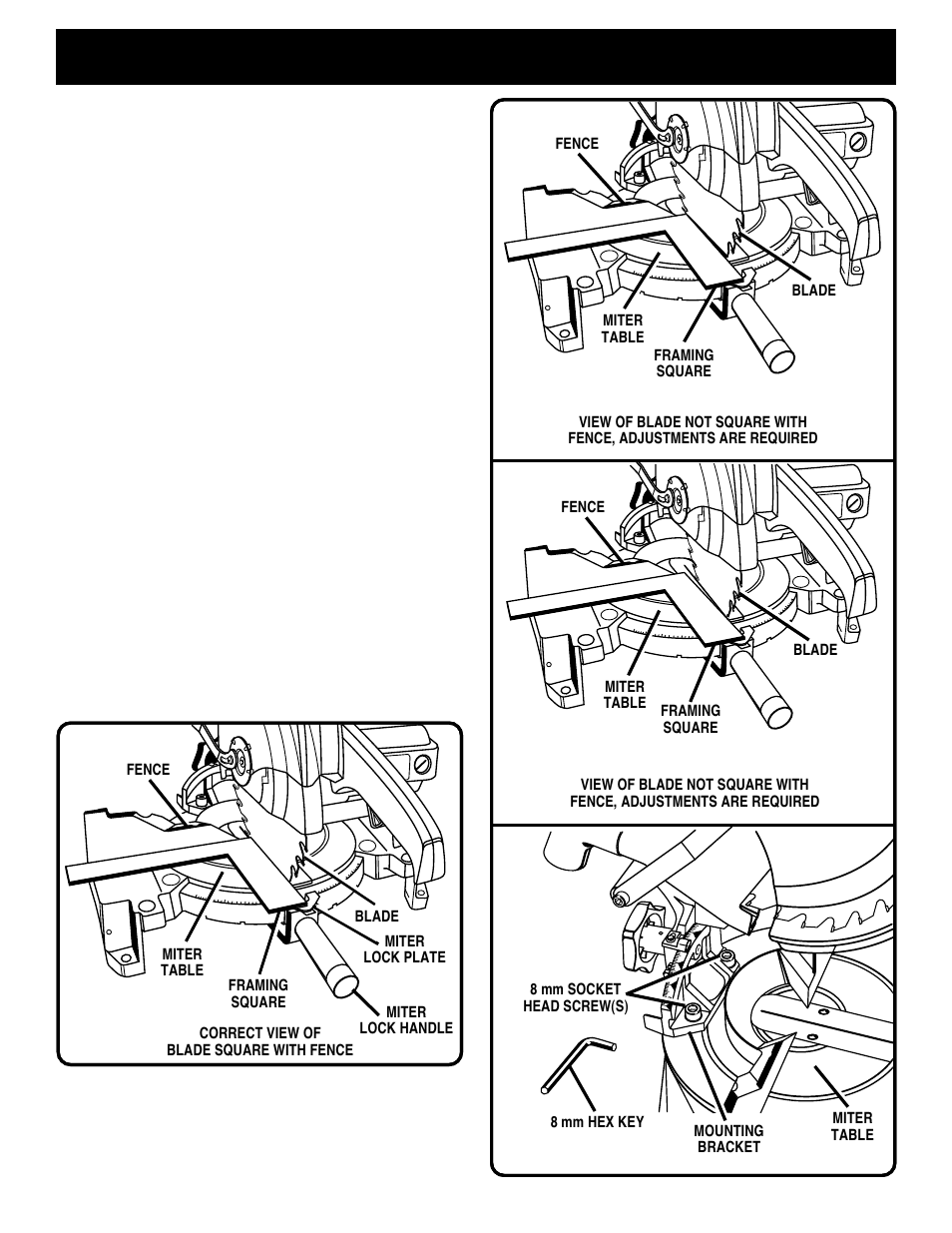 Adjustments, Squaring the saw blade to the fence | Ryobi TS230 User Manual | Page 16 / 28