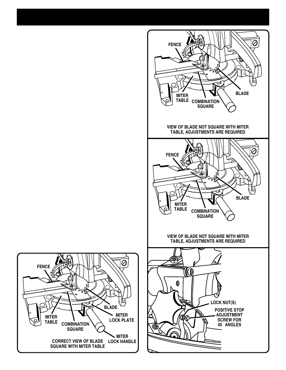 Adjustments, Squaring the blade to the miter table | Ryobi TS230 User Manual | Page 17 / 28