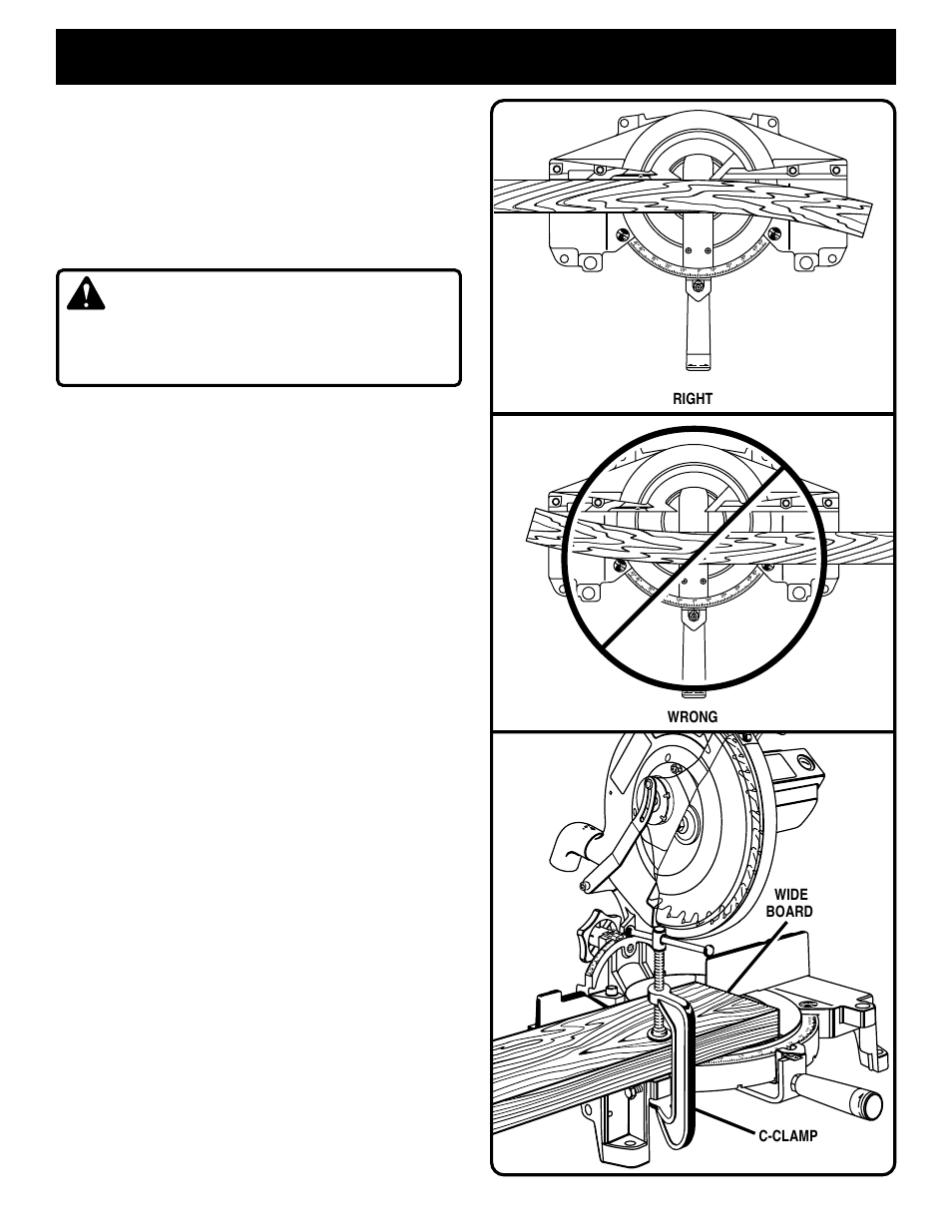 Operation, Warning, Cutting warped material | Alternate method of clamping workpiece, Page 24, Wide board c-clamp wrong | Ryobi TS230 User Manual | Page 24 / 28