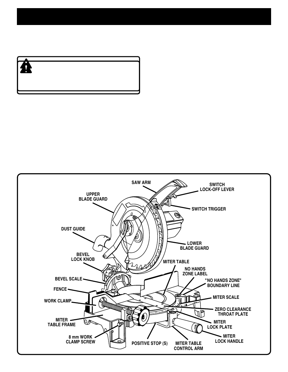 Features, Warning, Know your compound miter saw | 13 amp motor, Cutting capacities | Ryobi TS230 User Manual | Page 9 / 28