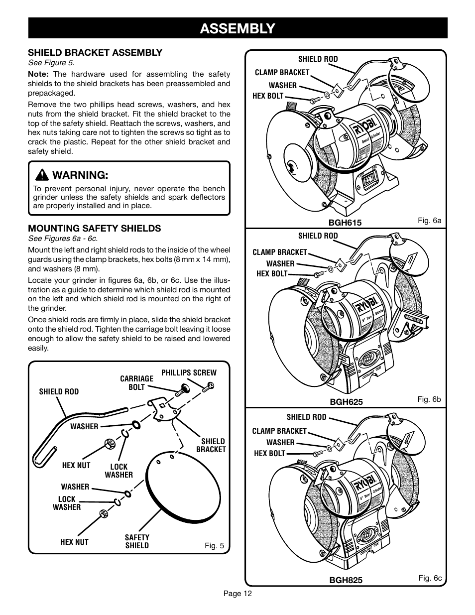 Assembly, Warning | Ryobi BGH615 User Manual | Page 12 / 18