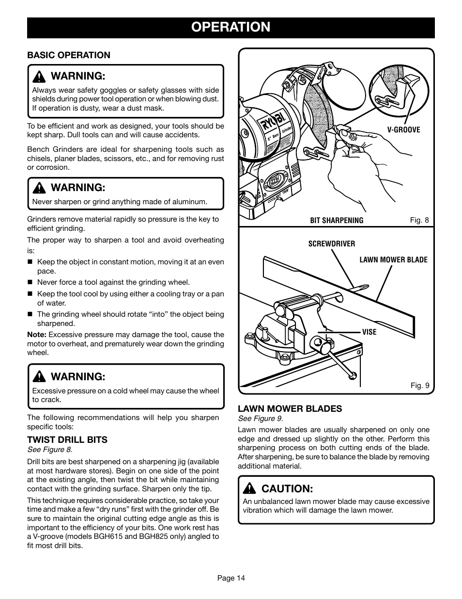 Operation, Warning, Caution | Ryobi BGH615 User Manual | Page 14 / 18