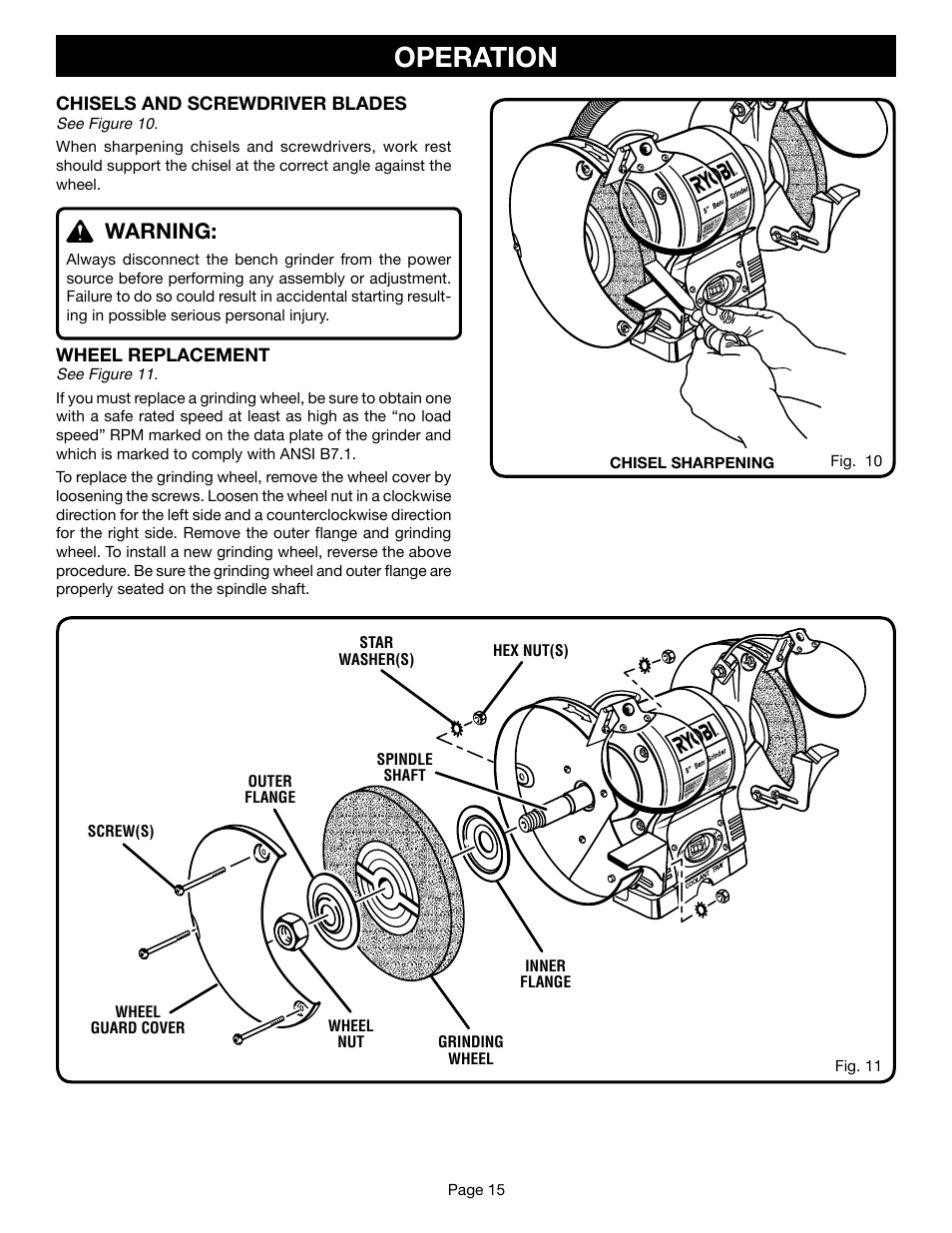 Operation, Warning | Ryobi BGH615 User Manual | Page 15 / 18