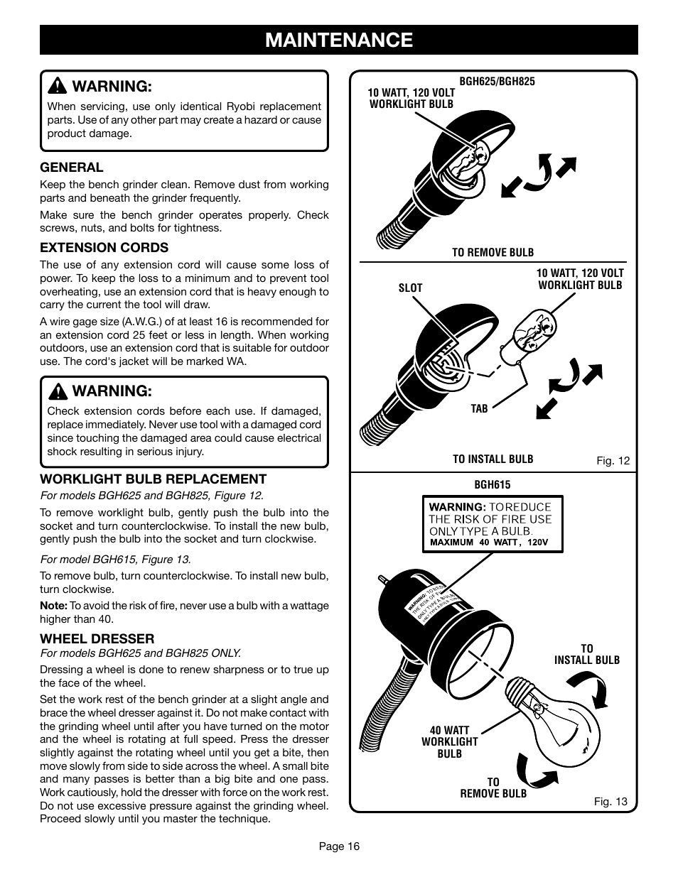 Maintenance, Warning | Ryobi BGH615 User Manual | Page 16 / 18