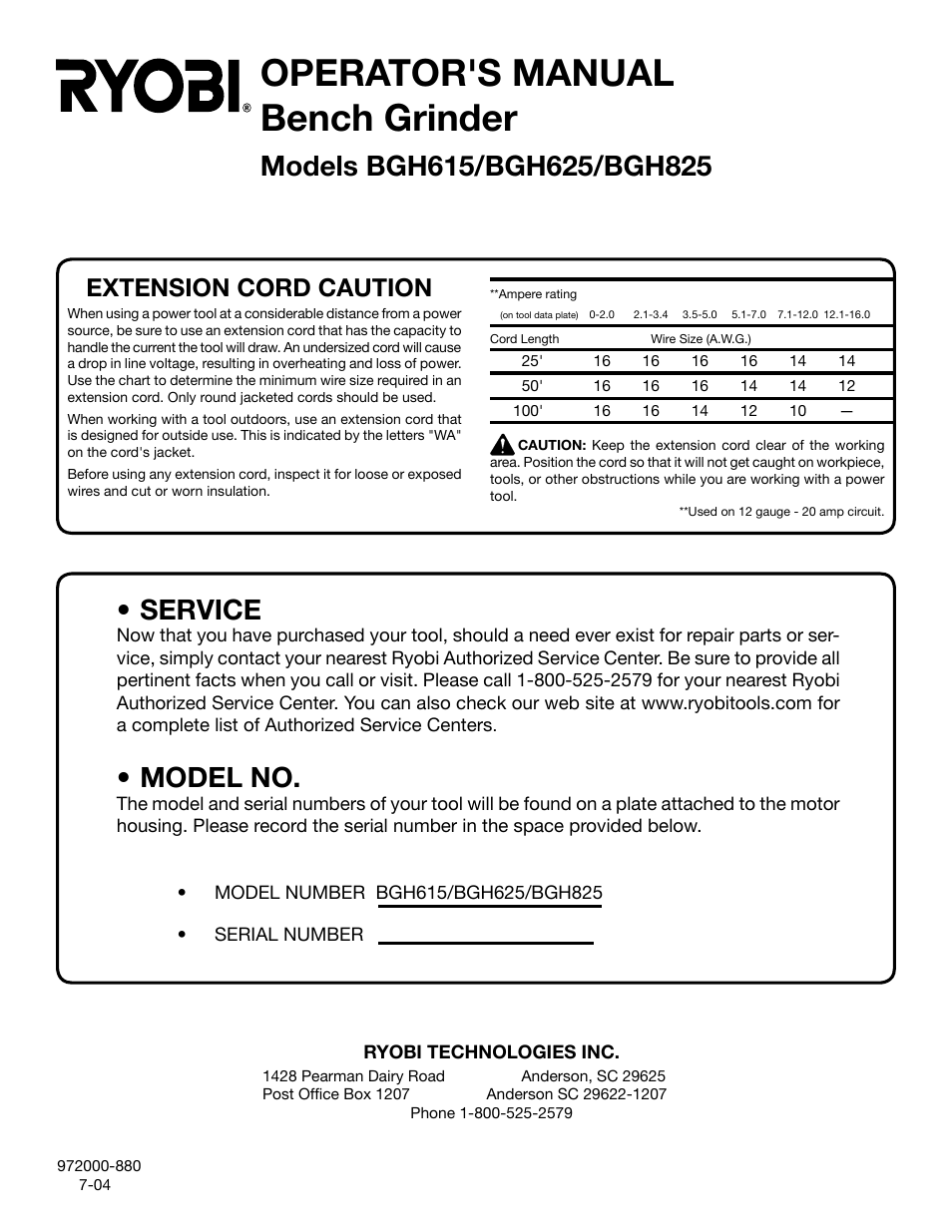 Operator's manual bench grinder, Model no, Extension cord caution | Ryobi BGH615 User Manual | Page 18 / 18