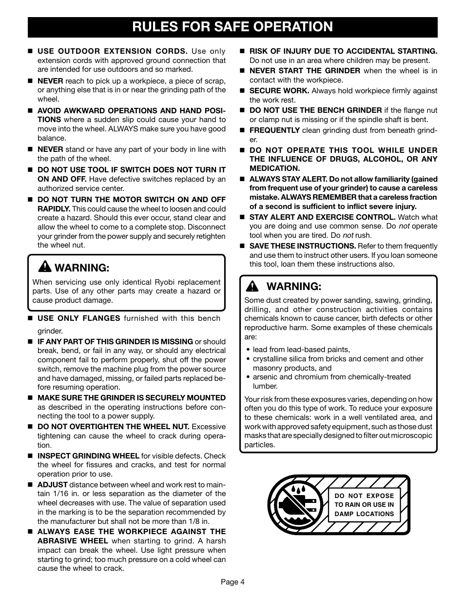 Rules for safe operation, Warning | Ryobi BGH615 User Manual | Page 4 / 18