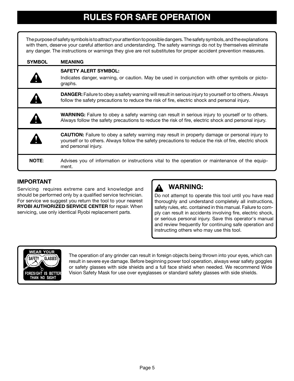 Rules for safe operation, Warning | Ryobi BGH615 User Manual | Page 5 / 18