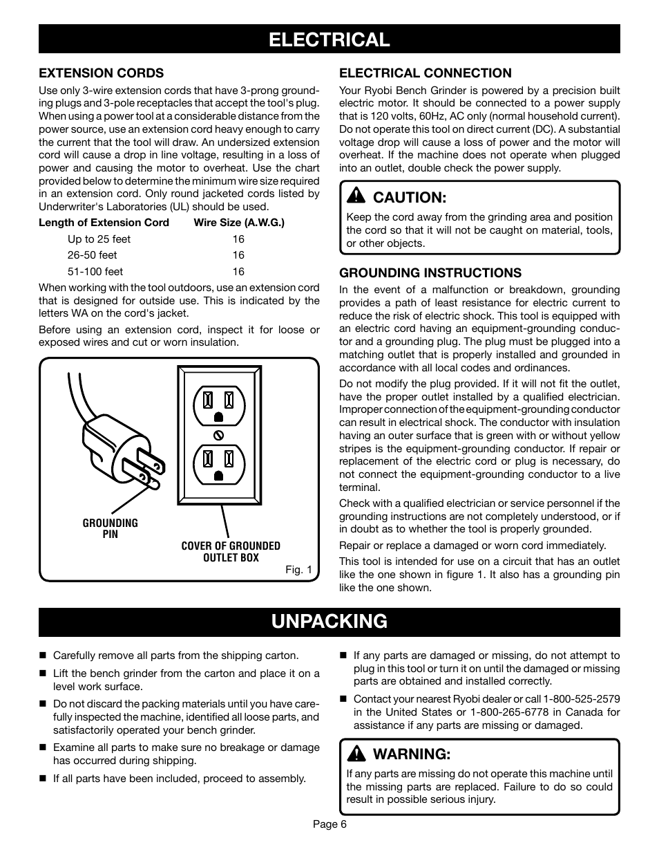 Electrical, Unpacking, Caution | Warning | Ryobi BGH615 User Manual | Page 6 / 18