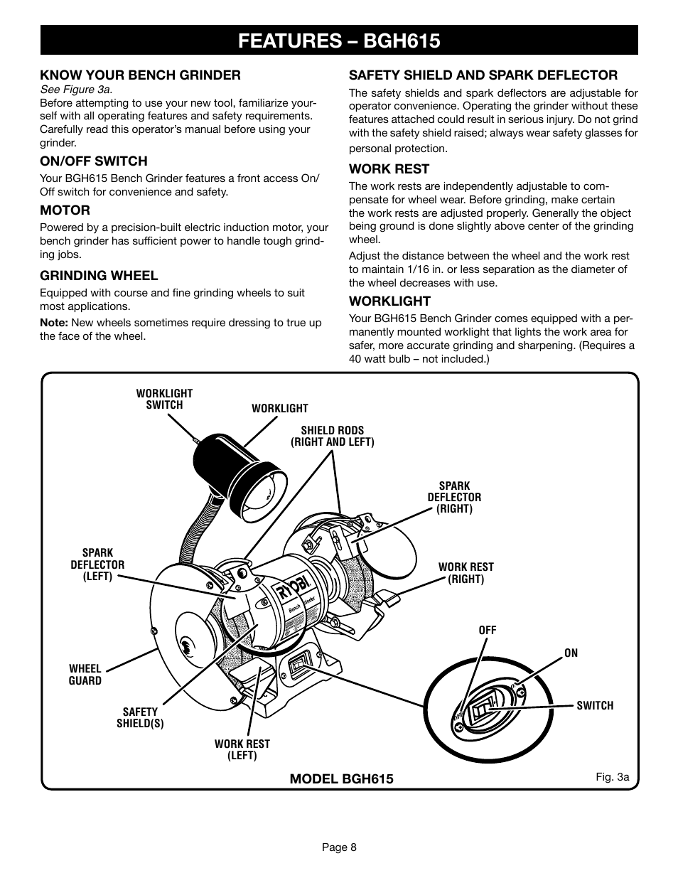 Features – bgh615 | Ryobi BGH615 User Manual | Page 8 / 18