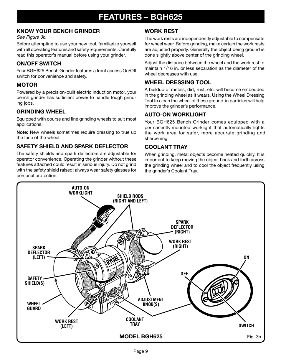 Features – bgh625 | Ryobi BGH615 User Manual | Page 9 / 18