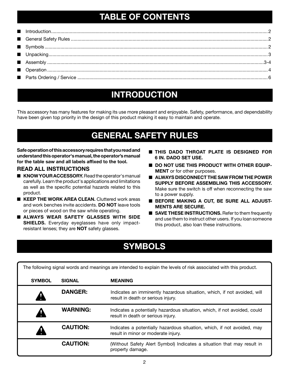 Table of contents introduction, General safety rules symbols | Ryobi A31TS04 User Manual | Page 2 / 6