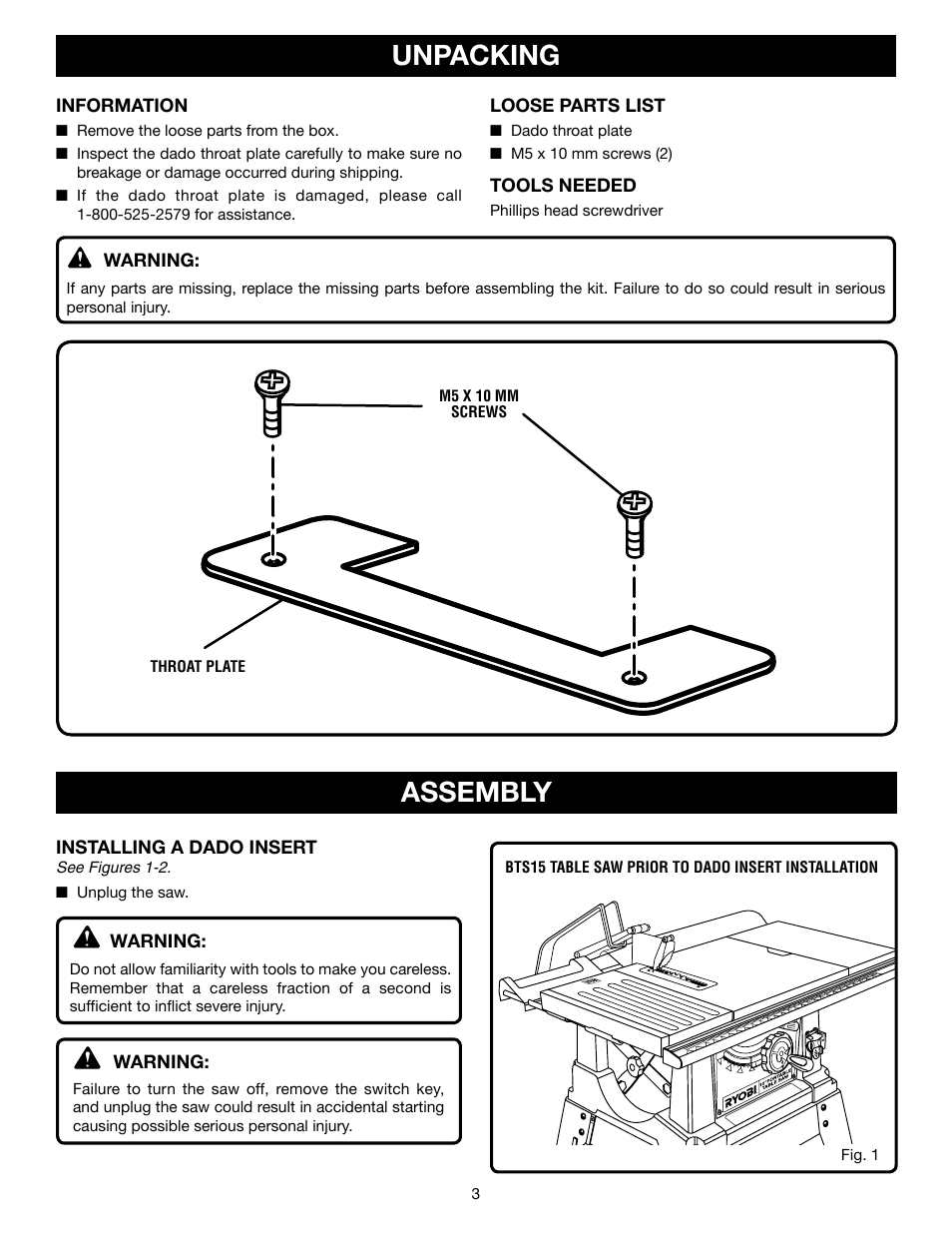 Unpacking, Assembly | Ryobi A31TS04 User Manual | Page 3 / 6