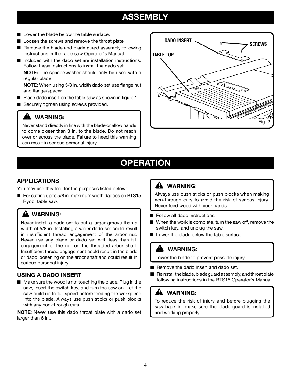 Assembly, Operation | Ryobi A31TS04 User Manual | Page 4 / 6