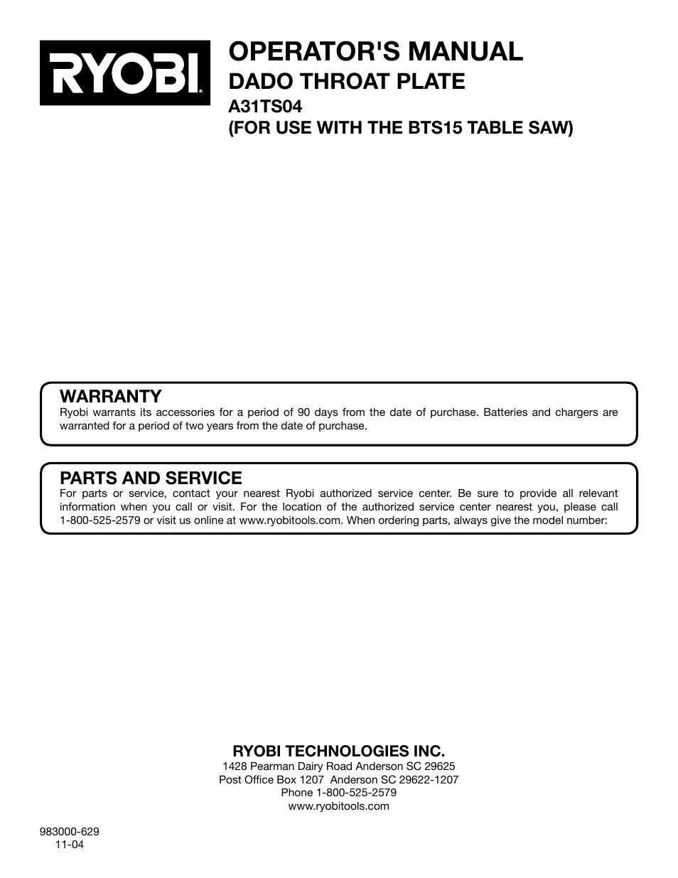 Operator's manual, Dado throat plate, Parts and service | Warranty | Ryobi A31TS04 User Manual | Page 6 / 6